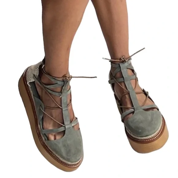 Ulla Johnson Olive Suede Lace-Up Platform Sandals - Picture 2 of 10